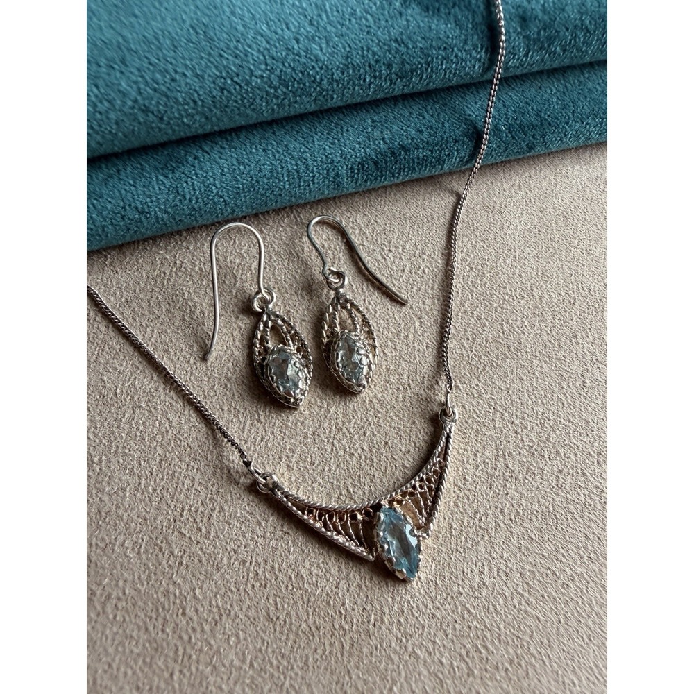 Sterling Silver Filigree Aquamarine Glass Jewelry Set - Necklace & Earrings
